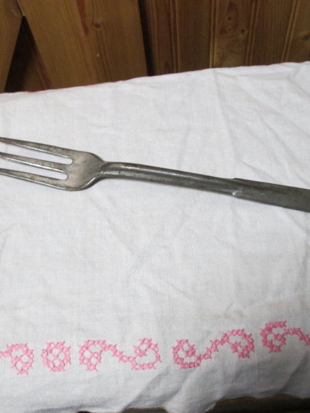 antique cast iron meat kettle fork 3 prong hallmarks signed back 12.5 in